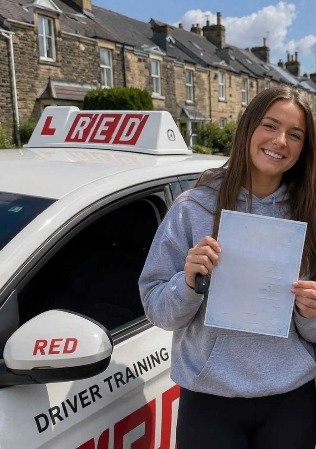A learner holding their driving test pass certificate next to Mick&rsquo;s car