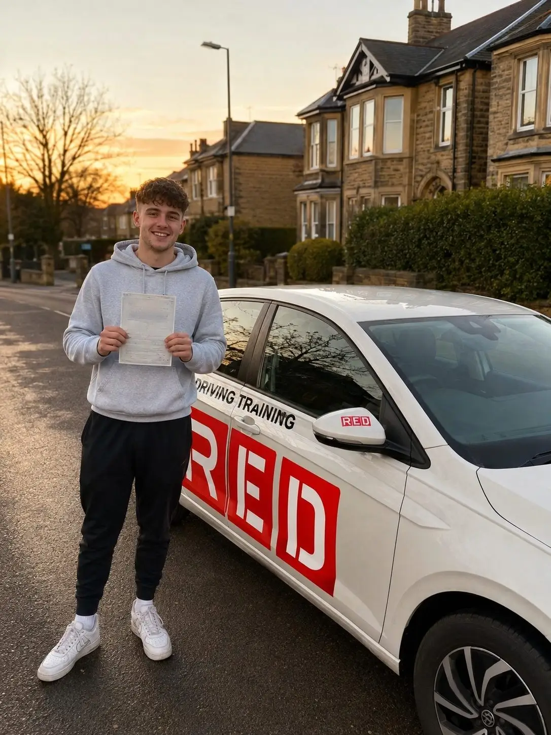A learner holding their driving test pass certificate next to Mick&rsquo;s car